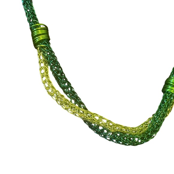 Artisan Modern Viking Knit Wire Woven Necklace 20" Green Mixed Media Statement - Picture 5 of 5